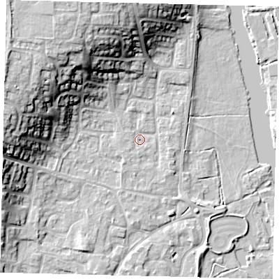 Shaded relief map of the ground around PE197RQ, computed from Environment Agency LiDAR. The ground here sits at about 16 m above sea level and falls 18 m across the surrounding 800 m. Surface water reaching this point runs off ground lying to the south-south-west, 1.3 m higher.