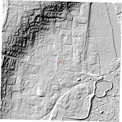 Shaded relief map of the ground around PE197RX, computed from Environment Agency LiDAR. The ground here sits at about 16 m above sea level and falls 18 m across the surrounding 800 m. Surface water reaching this point runs off ground lying to the north-west, 0.7 m higher.