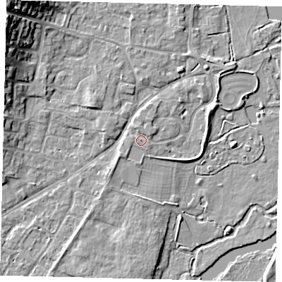 Shaded relief map of the ground around PE197SB, computed from Environment Agency LiDAR. The ground here sits at about 16 m above sea level and falls 15 m across the surrounding 800 m. Surface water reaching this point runs off ground lying to the north-north-west, 0.8 m higher.