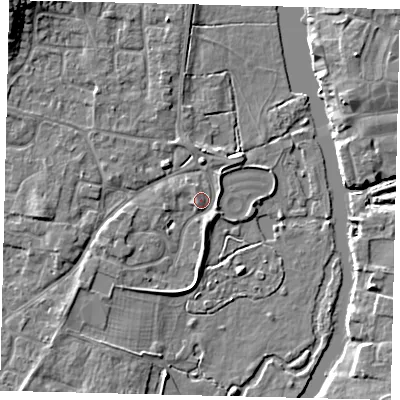 Shaded relief map of the ground around PE197SD, computed from Environment Agency LiDAR. The ground here sits at about 16 m above sea level and falls 9 m across the surrounding 800 m. Surface water reaching this point runs off ground lying to the south-west, 2.5 m higher.