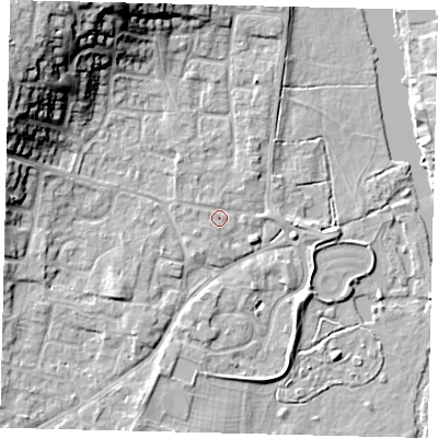 Shaded relief map of the ground around PE197SG, computed from Environment Agency LiDAR. The ground here sits at about 16 m above sea level and falls 17 m across the surrounding 800 m. Surface water reaching this point runs off ground lying to the west-north-west, 0.7 m higher.