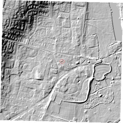 Shaded relief map of the ground around PE197SH, computed from Environment Agency LiDAR. The ground here sits at about 16 m above sea level and falls 18 m across the surrounding 800 m. The ground contributing surface water to this point lies to the west.