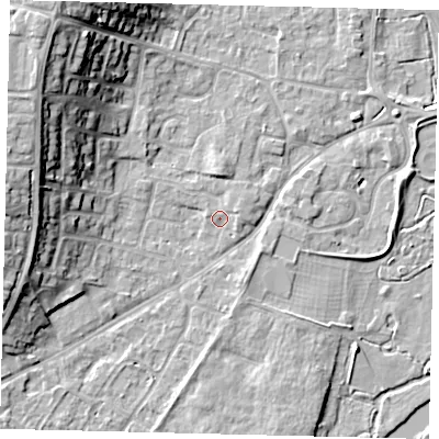 Shaded relief map of the ground around PE197SJ, computed from Environment Agency LiDAR. The ground here sits at about 16 m above sea level and falls 17 m across the surrounding 800 m. Surface water reaching this point runs off ground lying to the east-north-east, 1.3 m higher.