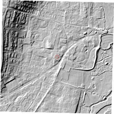 Shaded relief map of the ground around PE197SL, computed from Environment Agency LiDAR. The ground here sits at about 17 m above sea level and falls 17 m across the surrounding 800 m. Surface water reaching this point runs off ground lying to the west-south-west, 0.9 m higher.