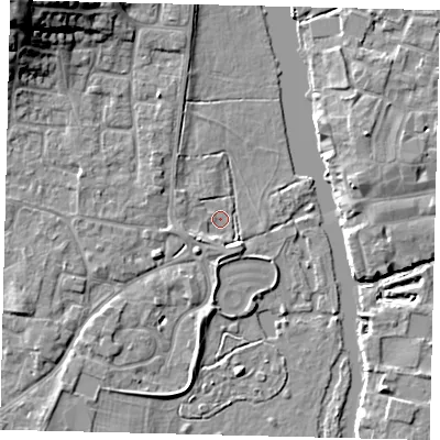 Shaded relief map of the ground around PE197SR, computed from Environment Agency LiDAR. The ground here sits at about 14 m above sea level and falls 16 m across the surrounding 800 m. Surface water reaching this point runs off ground lying to the south-west, 2.8 m higher.