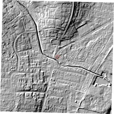 Shaded relief map of the ground around PE198EA, computed from Environment Agency LiDAR. The ground here sits at about 17 m above sea level and falls 16 m across the surrounding 800 m. Surface water reaching this point runs off ground lying to the west-south-west, 1.2 m higher.