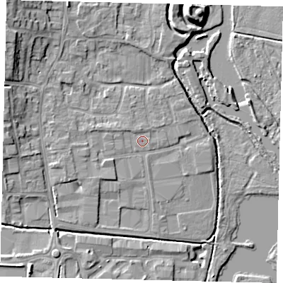 Shaded relief map of the ground around PE198ET, computed from Environment Agency LiDAR. The ground here sits at about 17 m above sea level and falls 11 m across the surrounding 800 m. Surface water reaching this point runs off ground lying to the west-north-west, 1.1 m higher.