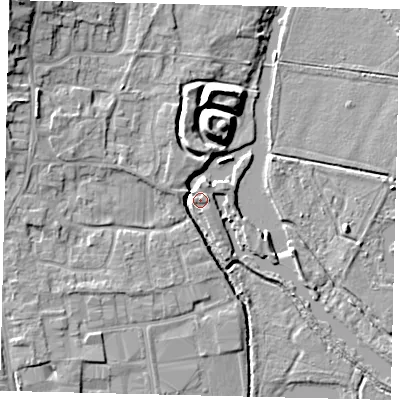 Shaded relief map of the ground around PE198GJ, computed from Environment Agency LiDAR. The ground here sits at about 17 m above sea level and falls 11 m across the surrounding 800 m. Surface water reaching this point runs off ground lying to the east, 0.8 m higher.