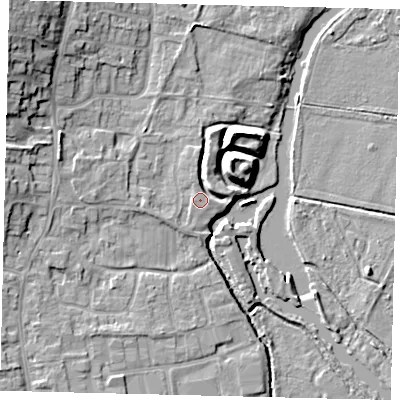 Shaded relief map of the ground around PE198GW, computed from Environment Agency LiDAR. The ground here sits at about 18 m above sea level and falls 14 m across the surrounding 800 m. Surface water reaching this point runs off ground lying to the west-south-west, 1.1 m higher.