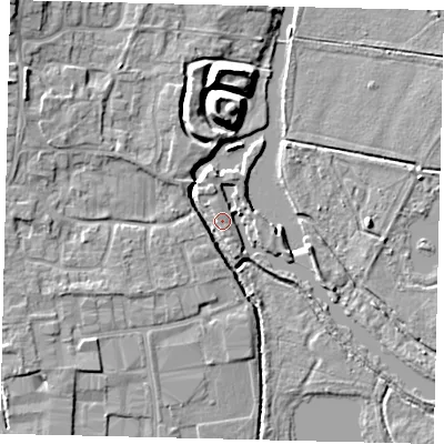 Shaded relief map of the ground around PE198GX, computed from Environment Agency LiDAR. The ground here sits at about 17 m above sea level and falls 9 m across the surrounding 800 m. Surface water reaching this point runs off ground lying to the north-west, 5.6 m higher.