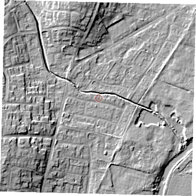 Shaded relief map of the ground around PE198HA, computed from Environment Agency LiDAR. The ground here sits at about 17 m above sea level and falls 15 m across the surrounding 800 m. Surface water reaching this point runs off ground lying to the west-south-west, 13.3 m higher.