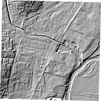 Shaded relief map of the ground around PE198HE, computed from Environment Agency LiDAR. The ground here sits at about 16 m above sea level and falls 13 m across the surrounding 800 m. Surface water reaching this point runs off ground lying to the west, 3.3 m higher.