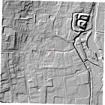 Shaded relief map of the ground around PE198HR, computed from Environment Agency LiDAR. The ground here sits at about 17 m above sea level and falls 13 m across the surrounding 800 m. Surface water reaching this point runs off ground lying to the north-west, 9.7 m higher.