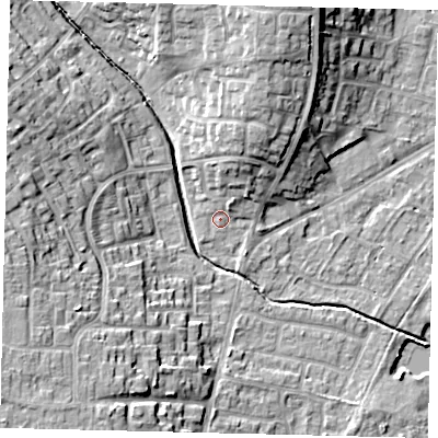 Shaded relief map of the ground around PE198PB, computed from Environment Agency LiDAR. The ground here sits at about 18 m above sea level and falls 16 m across the surrounding 800 m. Surface water reaching this point runs off ground lying to the north-north-east, 5.6 m higher.