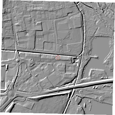 Shaded relief map of the ground around PE198YT, computed from Environment Agency LiDAR. The ground here sits at about 17 m above sea level and falls 8 m across the surrounding 800 m. Surface water reaching this point runs off ground lying to the south-west, 5.0 m higher.