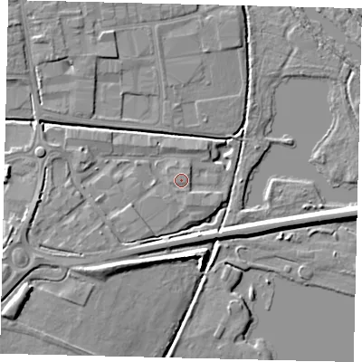 Shaded relief map of the ground around PE198YU, computed from Environment Agency LiDAR. The ground here sits at about 17 m above sea level and falls 8 m across the surrounding 800 m. The ground contributing surface water to this point lies to the north-north-west.