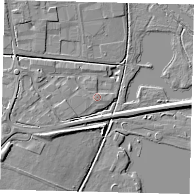 Shaded relief map of the ground around PE198YX, computed from Environment Agency LiDAR. The ground here sits at about 17 m above sea level and falls 8 m across the surrounding 800 m. Surface water reaching this point runs off ground lying to the south-east, 0.6 m higher.