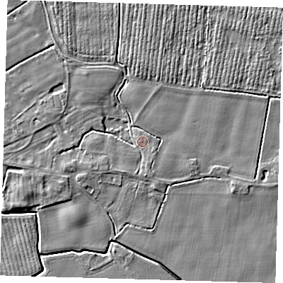 Shaded relief map of the ground around PE201AB, computed from Environment Agency LiDAR. The ground here sits at about 3 m above sea level and falls 4 m across the surrounding 800 m. Surface water reaching this point runs off ground lying to the south, 2.5 m higher.