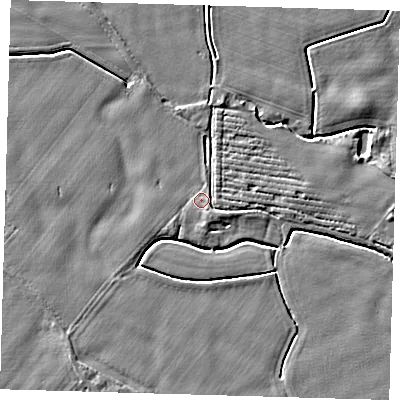 Shaded relief map of the ground around PE201AG, computed from Environment Agency LiDAR. The ground here sits at about 3 m above sea level and falls 4 m across the surrounding 800 m. Surface water reaching this point runs off ground lying to the south-east, 1.4 m higher.