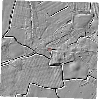 Shaded relief map of the ground around PE201AH, computed from Environment Agency LiDAR. The ground here sits at about 3 m above sea level and falls 4 m across the surrounding 800 m. Surface water reaching this point runs off ground lying to the south-east, 2.2 m higher.