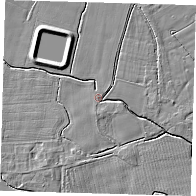 Shaded relief map of the ground around PE201AL, computed from Environment Agency LiDAR. The ground here sits at about 3 m above sea level and falls 5 m across the surrounding 800 m. Surface water reaching this point runs off ground lying to the south, 3.0 m higher.
