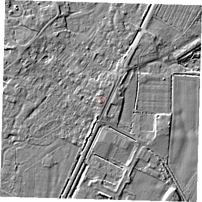 Shaded relief map of the ground around PE201AN, computed from Environment Agency LiDAR. The ground here sits at about 5 m above sea level and falls 4 m across the surrounding 800 m. Surface water reaching this point runs off ground lying to the south-west, 0.6 m higher.