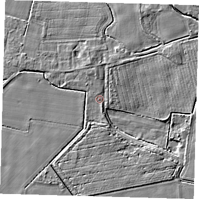 Shaded relief map of the ground around PE201AP, computed from Environment Agency LiDAR. The ground here sits at about 3 m above sea level and falls 4 m across the surrounding 800 m. Surface water reaching this point runs off ground lying to the north, 1.5 m higher.
