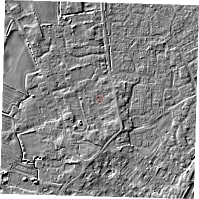 Shaded relief map of the ground around PE201AQ, computed from Environment Agency LiDAR. The ground here sits at about 3 m above sea level and falls 6 m across the surrounding 800 m. Surface water reaching this point runs off ground lying to the south, 1.5 m higher.