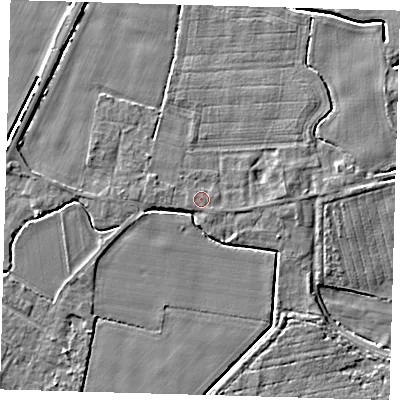 Shaded relief map of the ground around PE201AR, computed from Environment Agency LiDAR. The ground here sits at about 4 m above sea level and falls 5 m across the surrounding 800 m. The ground contributing surface water to this point lies to the west-south-west.