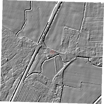 Shaded relief map of the ground around PE201AS, computed from Environment Agency LiDAR. The ground here sits at about 3 m above sea level and falls 4 m across the surrounding 800 m. Surface water reaching this point runs off ground lying to the north-north-east, 0.6 m higher.