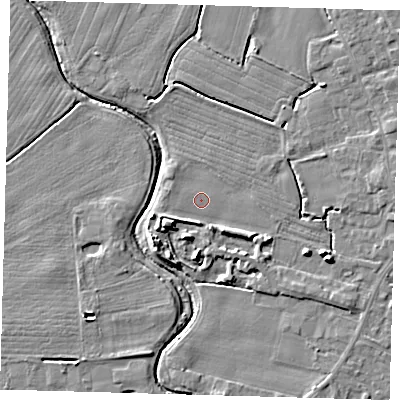 Shaded relief map of the ground around PE201AT, computed from Environment Agency LiDAR. The ground here sits at about 3 m above sea level and falls 7 m across the surrounding 800 m. Surface water reaching this point runs off ground lying to the south-west, 2.2 m higher.