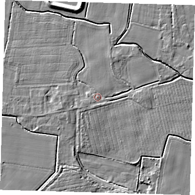 Shaded relief map of the ground around PE201AW, computed from Environment Agency LiDAR. The ground here sits at about 4 m above sea level and falls 5 m across the surrounding 800 m. Surface water reaching this point runs off ground lying to the south-west, 0.9 m higher.