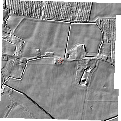 Shaded relief map of the ground around PE201AX, computed from Environment Agency LiDAR. The ground here sits at about 4 m above sea level and falls 5 m across the surrounding 800 m. Surface water reaching this point runs off ground lying to the west, 0.6 m higher.