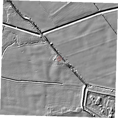 Shaded relief map of the ground around PE201BA, computed from Environment Agency LiDAR. The ground here sits at about 4 m above sea level and falls 6 m across the surrounding 800 m. Surface water reaching this point runs off ground lying to the north, 2.6 m higher.