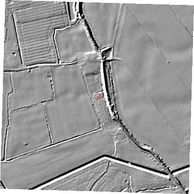 Shaded relief map of the ground around PE201BB, computed from Environment Agency LiDAR. The ground here sits at about 3 m above sea level and falls 6 m across the surrounding 800 m. Surface water reaching this point runs off ground lying to the north, 4.2 m higher.