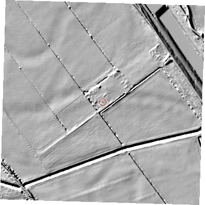 Shaded relief map of the ground around PE201BD, computed from Environment Agency LiDAR. The ground here sits at about 4 m above sea level and falls 9 m across the surrounding 800 m. Surface water reaching this point runs off ground lying to the north-north-east, 0.8 m higher.