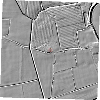 Shaded relief map of the ground around PE201BE, computed from Environment Agency LiDAR. The ground here sits at about 3 m above sea level and falls 6 m across the surrounding 800 m. Surface water reaching this point runs off ground lying to the north-north-west, 1.4 m higher.
