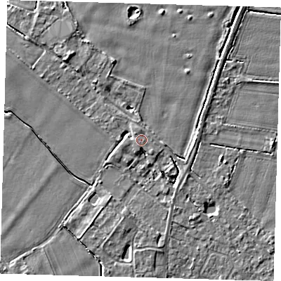 Shaded relief map of the ground around PE201BF, computed from Environment Agency LiDAR. The ground here sits at about 4 m above sea level and falls 4 m across the surrounding 800 m. Surface water reaching this point runs off ground lying to the north-west, 0.8 m higher.