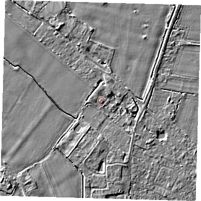 Shaded relief map of the ground around PE201BG, computed from Environment Agency LiDAR. The ground here sits at about 4 m above sea level and falls 4 m across the surrounding 800 m. Surface water reaching this point runs off ground lying to the north-east, 0.8 m higher.