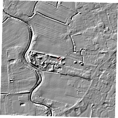 Shaded relief map of the ground around PE201BH, computed from Environment Agency LiDAR. The ground here sits at about 3 m above sea level and falls 7 m across the surrounding 800 m. Surface water reaching this point runs off ground lying to the west-north-west, 2.5 m higher.