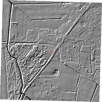 Shaded relief map of the ground around PE201BN, computed from Environment Agency LiDAR. The ground here sits at about 3 m above sea level and falls 4 m across the surrounding 800 m. Surface water reaching this point runs off ground lying to the south-east, 1.3 m higher.