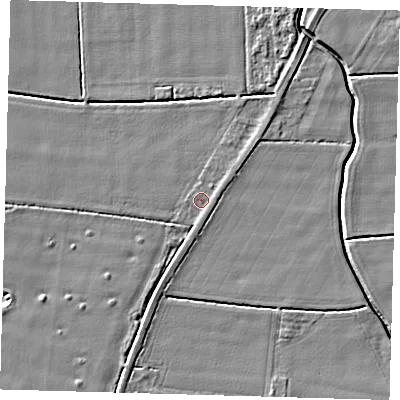 Shaded relief map of the ground around PE201BP, computed from Environment Agency LiDAR. The ground here sits at about 3 m above sea level and falls 4 m across the surrounding 800 m. Surface water reaching this point runs off ground lying to the south-south-east, 0.9 m higher.