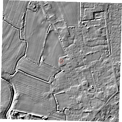 Shaded relief map of the ground around PE201BQ, computed from Environment Agency LiDAR. The ground here sits at about 4 m above sea level and falls 6 m across the surrounding 800 m. Surface water reaching this point runs off ground lying to the east, 0.8 m higher.
