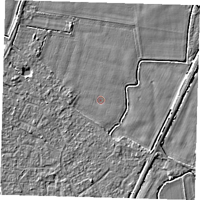Shaded relief map of the ground around PE201BS, computed from Environment Agency LiDAR. The ground here sits at about 3 m above sea level and falls 4 m across the surrounding 800 m. The ground contributing surface water to this point lies to the south-east.