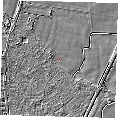 Shaded relief map of the ground around PE201BU, computed from Environment Agency LiDAR. The ground here sits at about 3 m above sea level and falls 4 m across the surrounding 800 m. The ground contributing surface water to this point lies to the east-south-east.