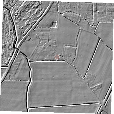 Shaded relief map of the ground around PE201BW, computed from Environment Agency LiDAR. The ground here sits at about 3 m above sea level and falls 4 m across the surrounding 800 m. The ground contributing surface water to this point lies to the west-north-west.