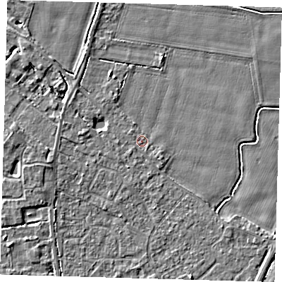 Shaded relief map of the ground around PE201BX, computed from Environment Agency LiDAR. The ground here sits at about 3 m above sea level and falls 4 m across the surrounding 800 m. Surface water reaching this point runs off ground lying to the west-south-west, 1.8 m higher.