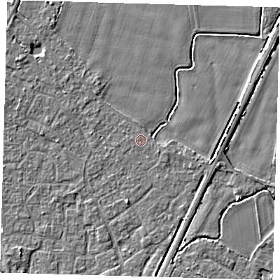 Shaded relief map of the ground around PE201BZ, computed from Environment Agency LiDAR. The ground here sits at about 3 m above sea level and falls 4 m across the surrounding 800 m. The ground contributing surface water to this point lies to the east-south-east.