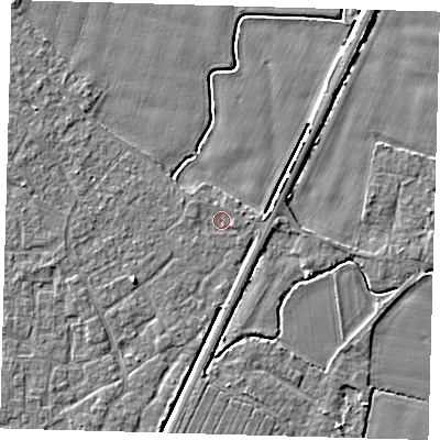 Shaded relief map of the ground around PE201DA, computed from Environment Agency LiDAR. The ground here sits at about 3 m above sea level and falls 4 m across the surrounding 800 m. Surface water reaching this point runs off ground lying to the east, 0.9 m higher.