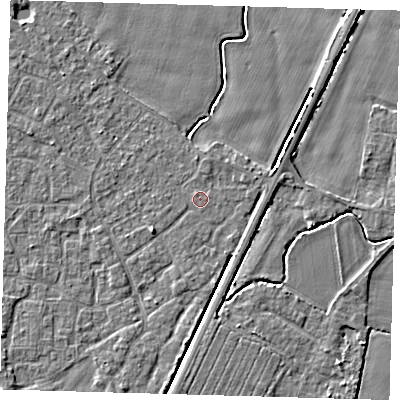 Shaded relief map of the ground around PE201DB, computed from Environment Agency LiDAR. The ground here sits at about 3 m above sea level and falls 4 m across the surrounding 800 m. Surface water reaching this point runs off ground lying to the south, 1.7 m higher.